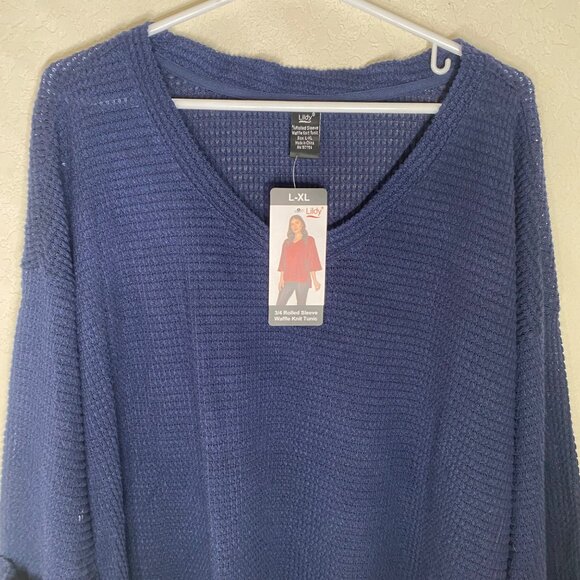 NWT Lildy Waffle Knit Tunic Womens L-XL Navy Blue 3/4 Rolled Sleeve - Picture 4 of 12